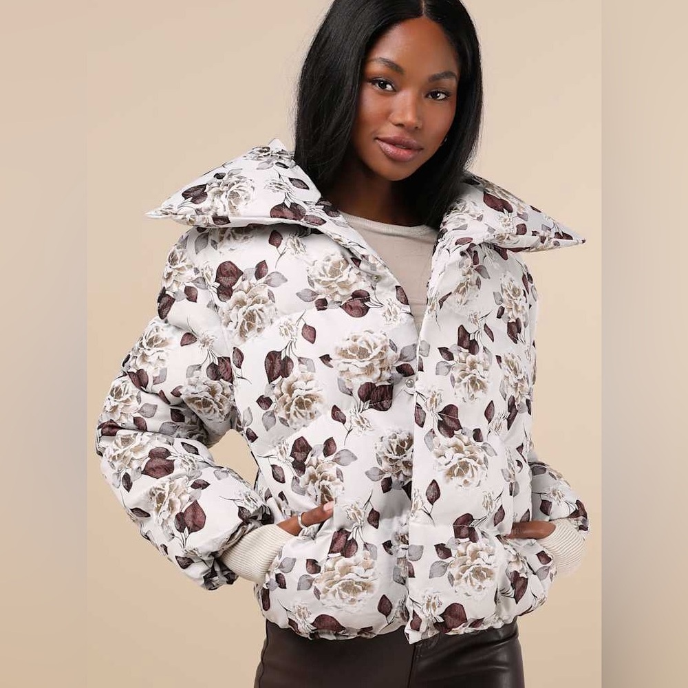 Glamorous Floral Puffer Jacket in Greige Brown Rose. NWT. Size XS